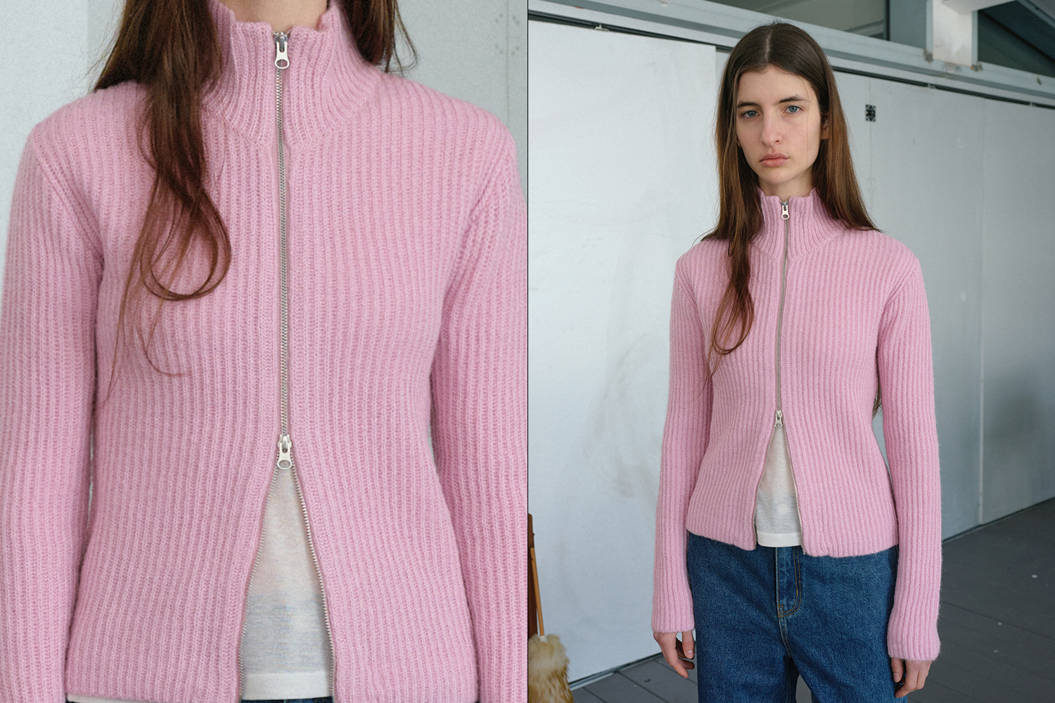 Two way wool knit zip-up cardigan (pink)
