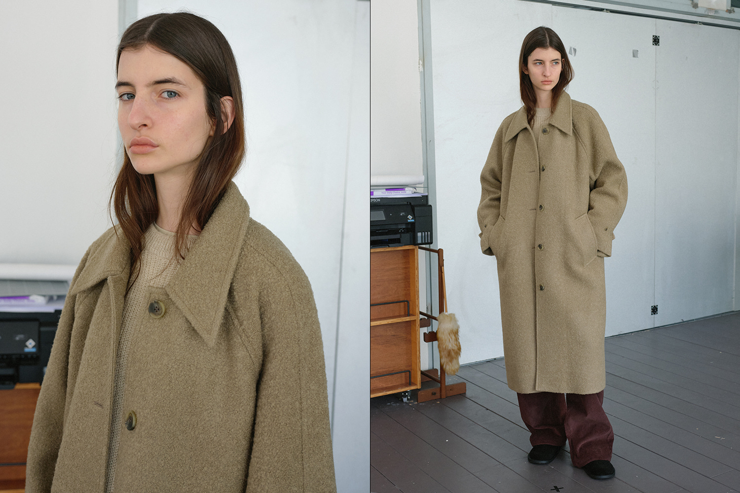 Boucle wool maxi coat (mocha beige)