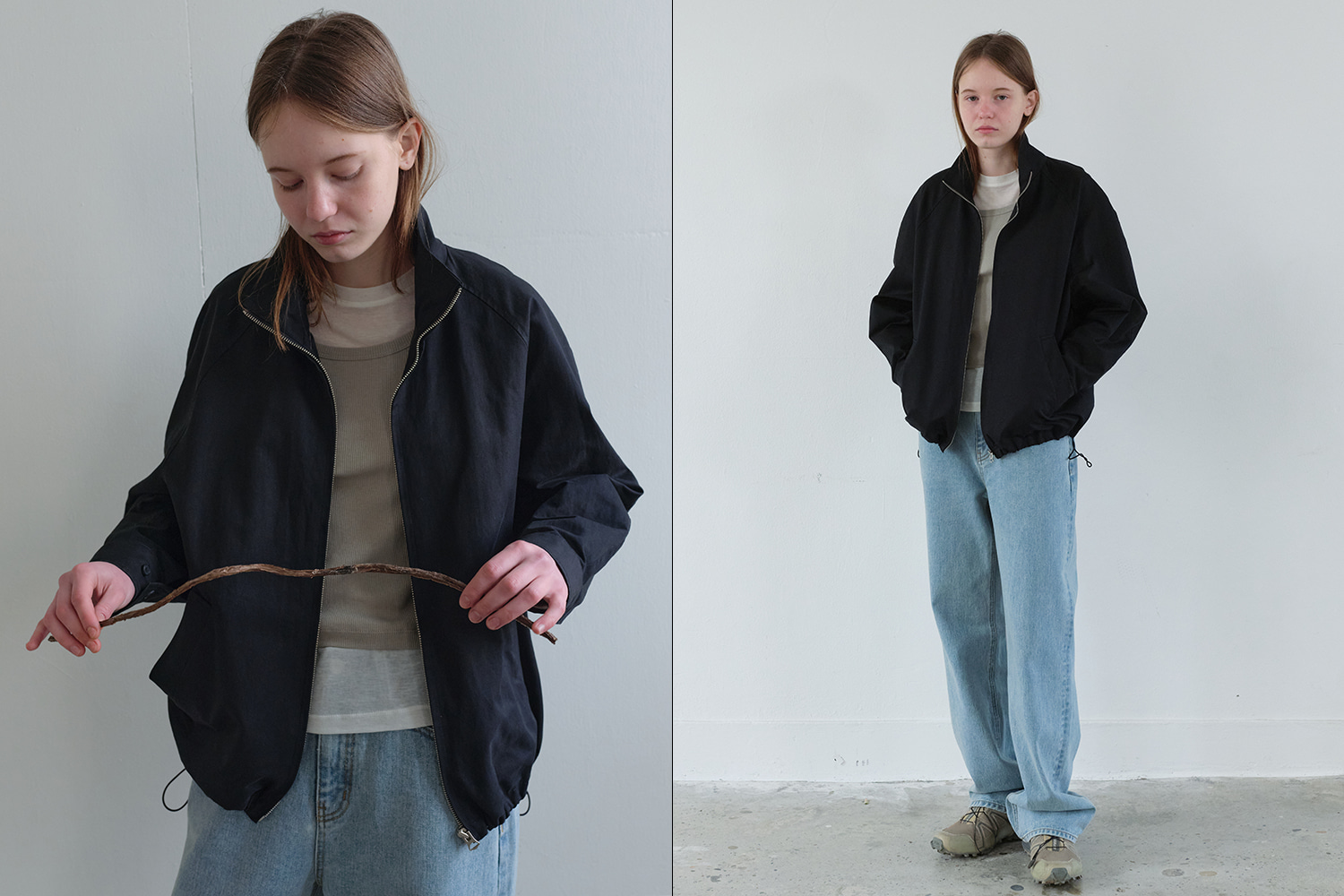 String cotton zip up jacket (Navy)