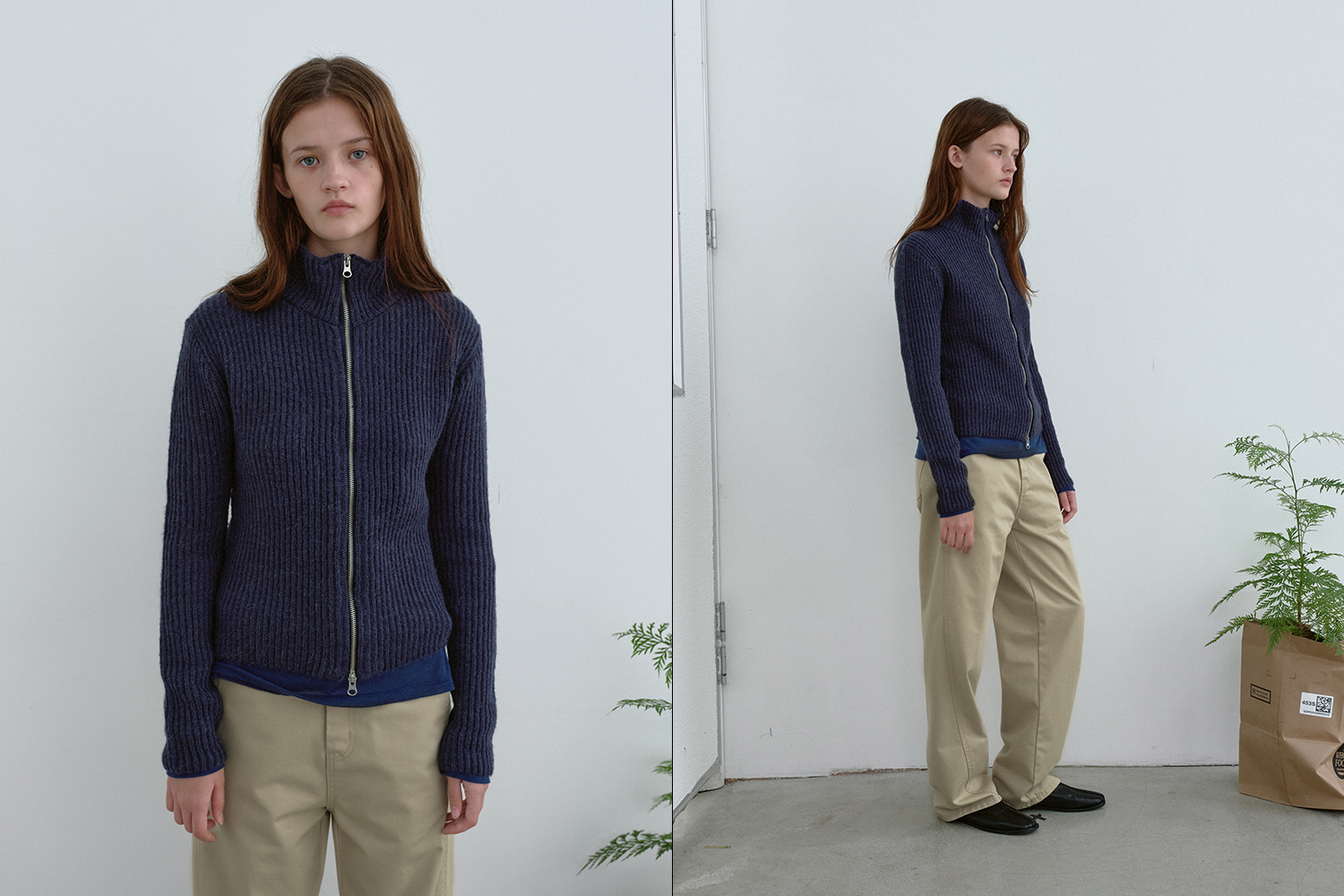 Two way wool knit zip-up cardigan (dark blue)