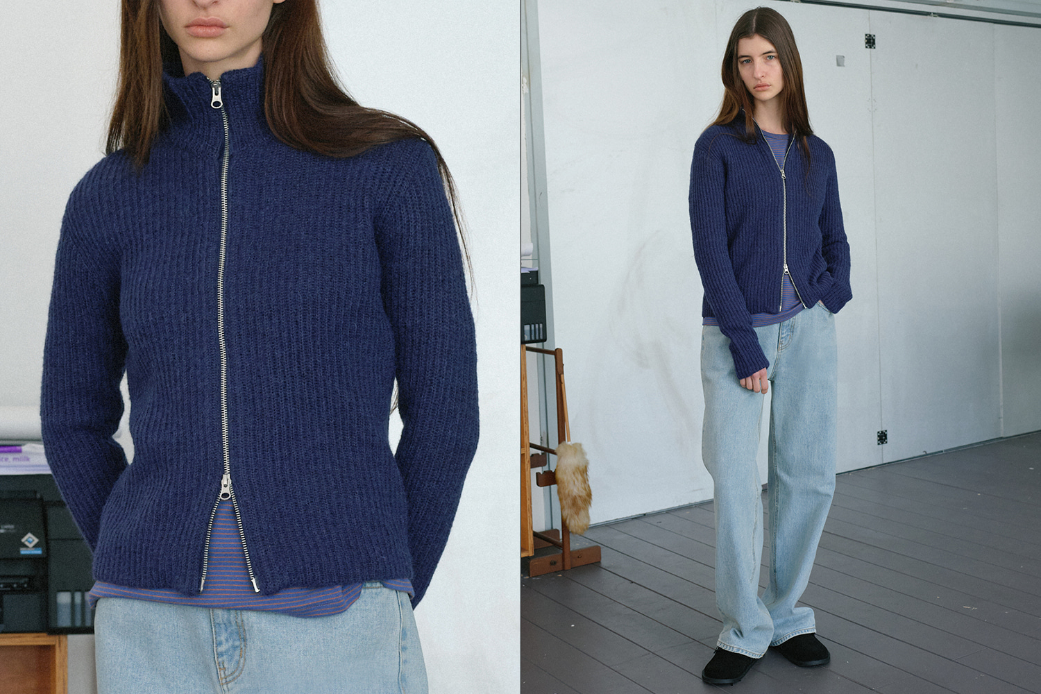 Two way wool knit zip-up cardigan (dark blue)