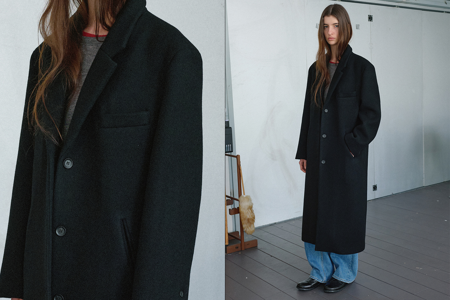 Wool single maxi coat (black)