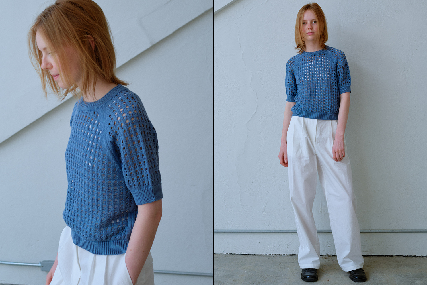 Raglan cotton net knit(blue)