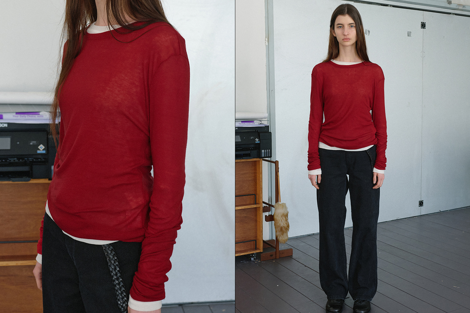 Layered round long sleeve t-shirt (red)